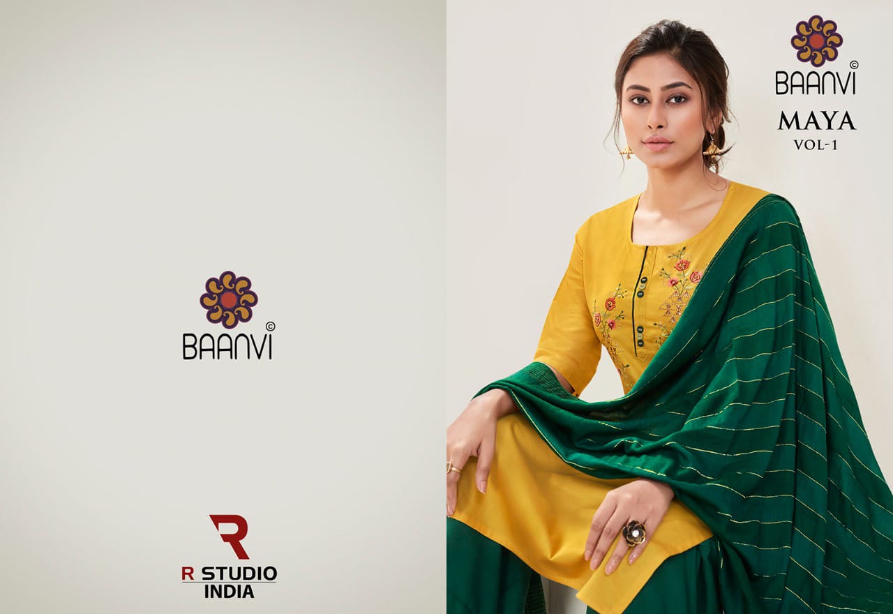 r studio baanvi maya jam satin catchy look kurti plazzo with dupatta catalog