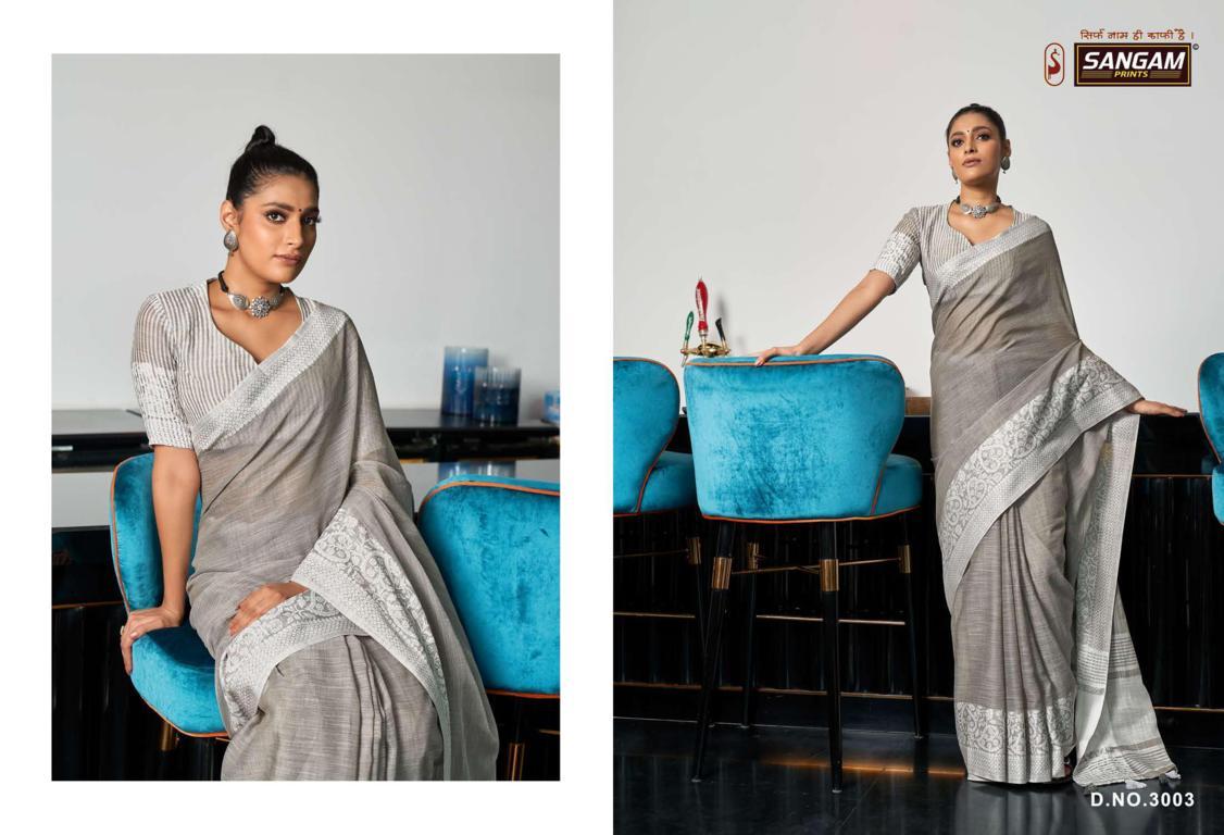 sangam print glory linen decent look saree catalog