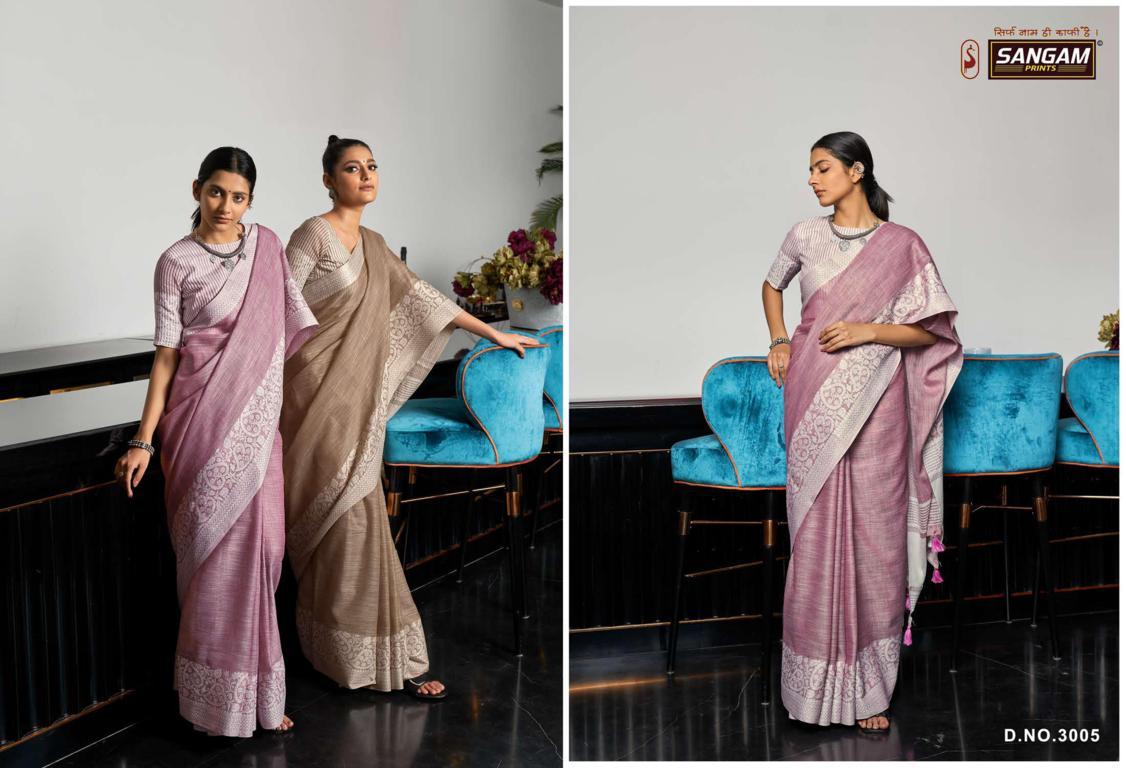 sangam print glory linen decent look saree catalog