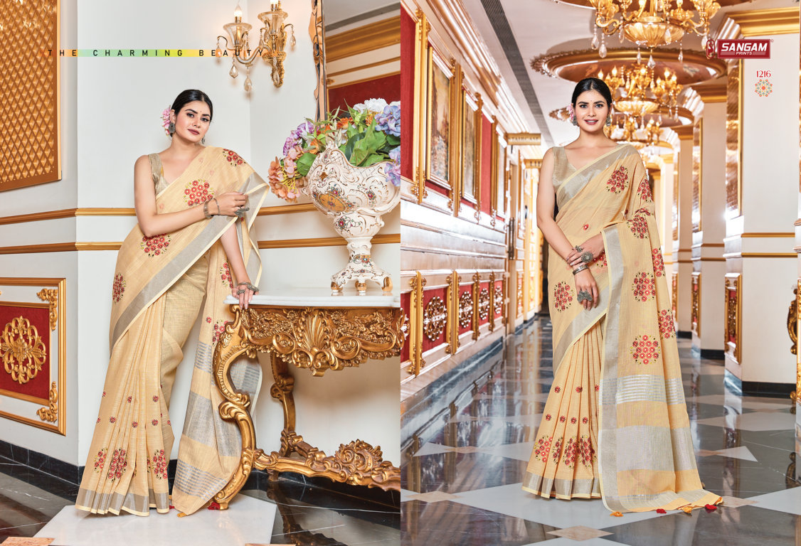 sangam print janki linen decent look saree catalog