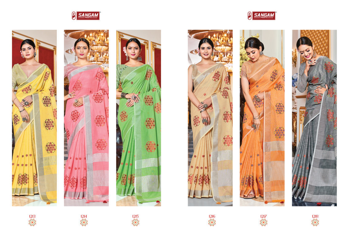 sangam print janki linen decent look saree catalog