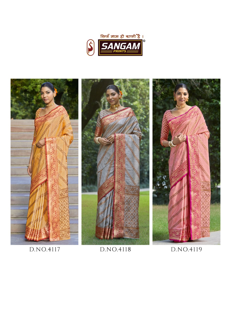 sangam print metalic silk astonishing saree catalog