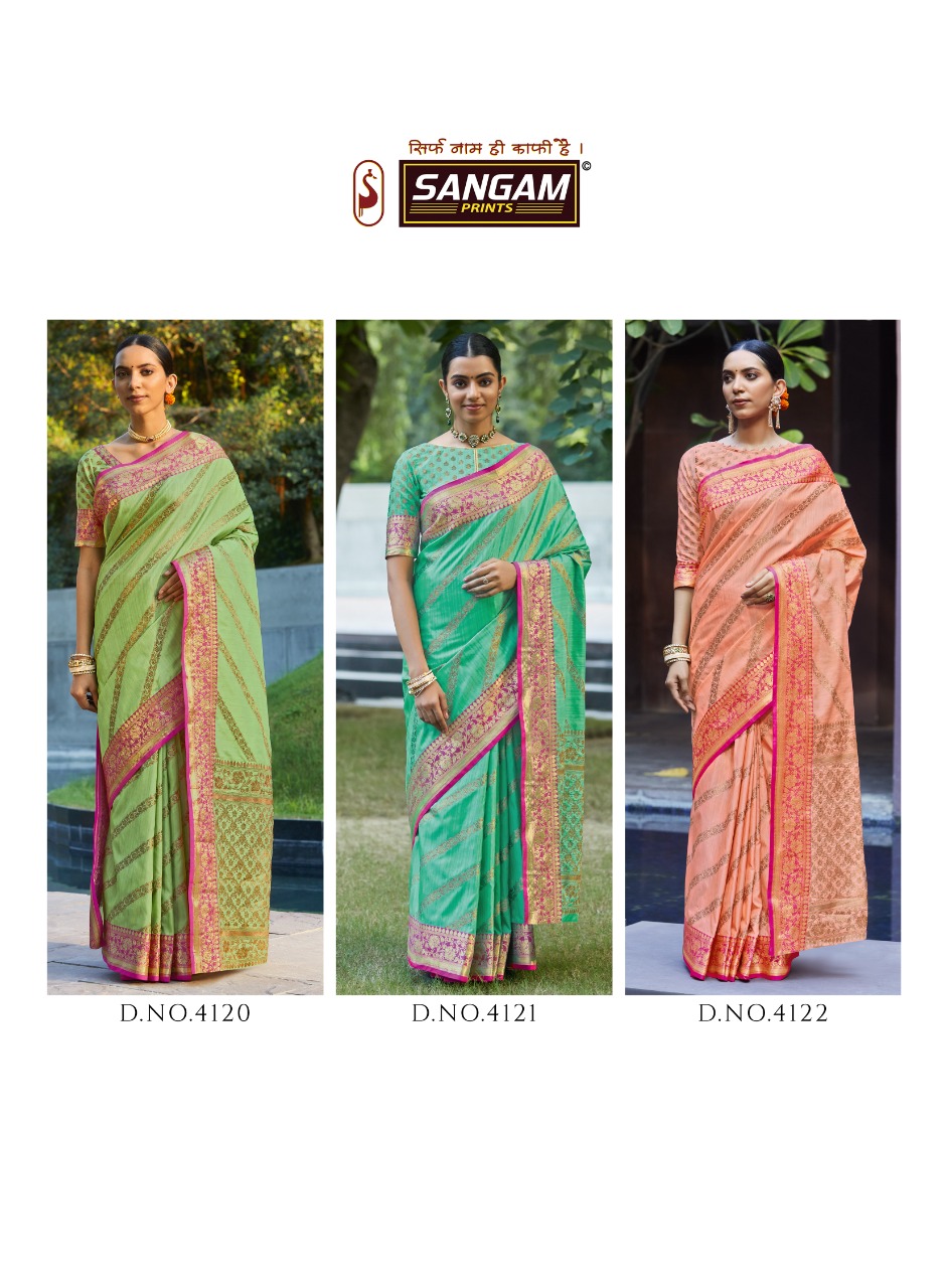 sangam print metalic silk astonishing saree catalog