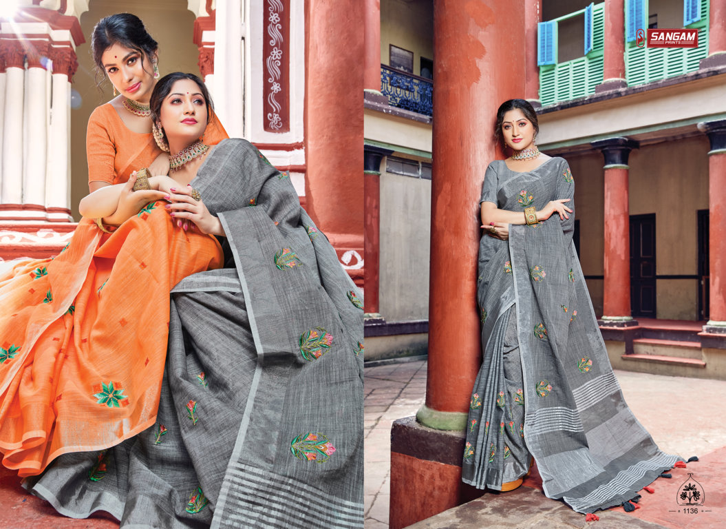 sangam print nayra linen catchy look saree catalog