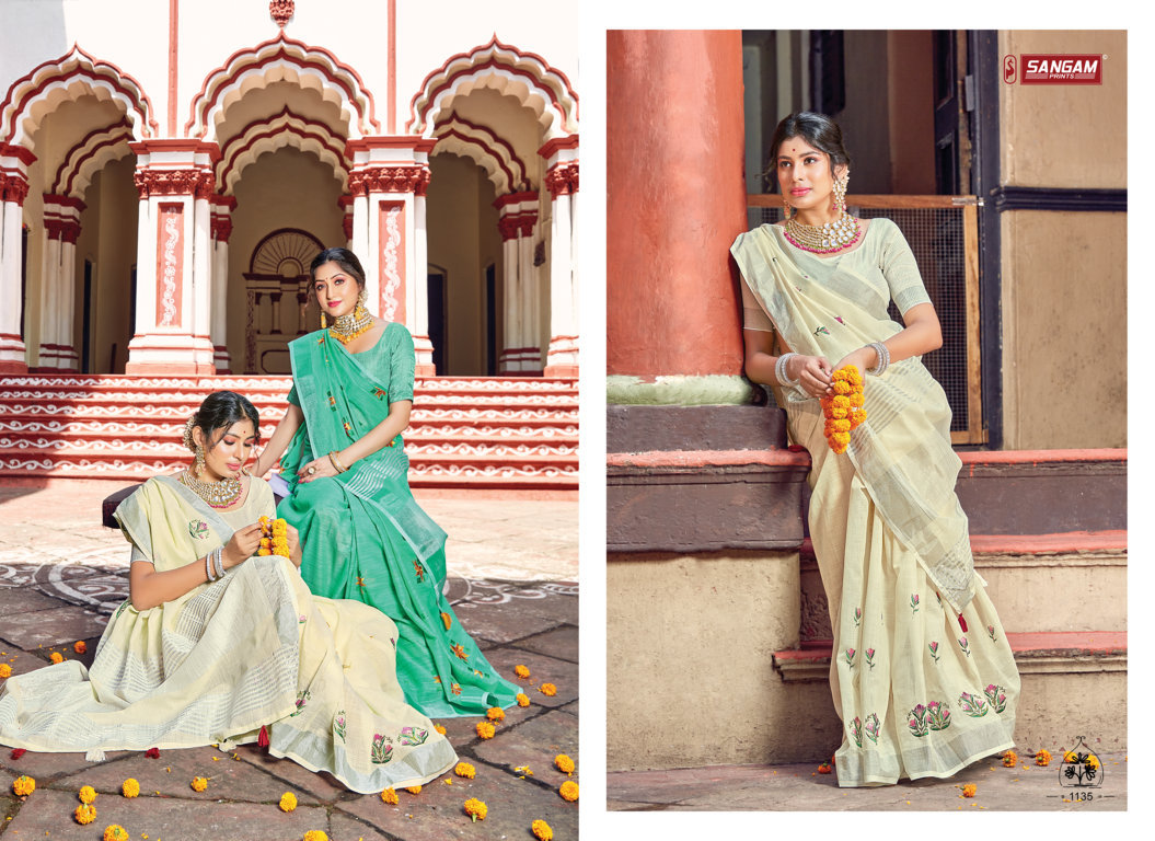 sangam print nayra linen catchy look saree catalog