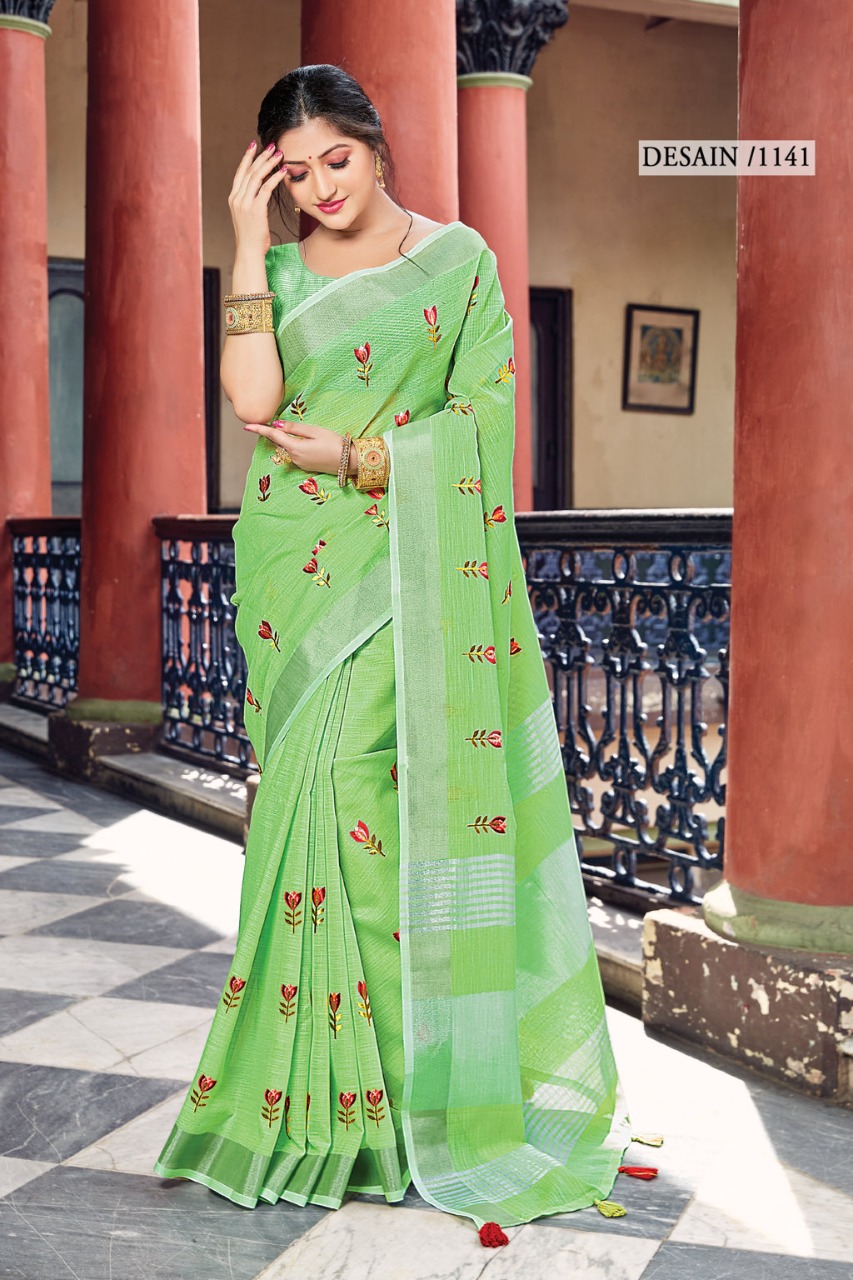 sangam print nayra linen catchy look saree catalog