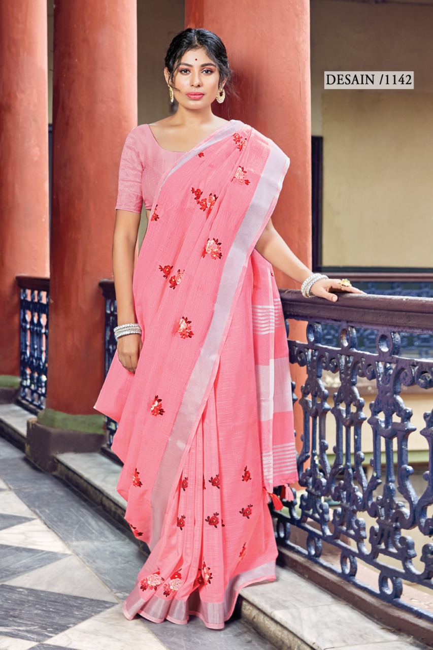 sangam print nayra linen catchy look saree catalog