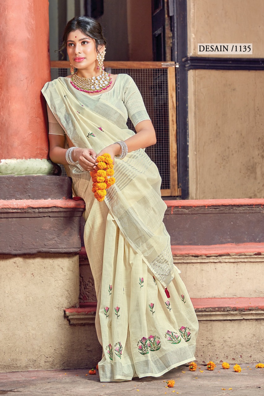 sangam print nayra linen catchy look saree catalog