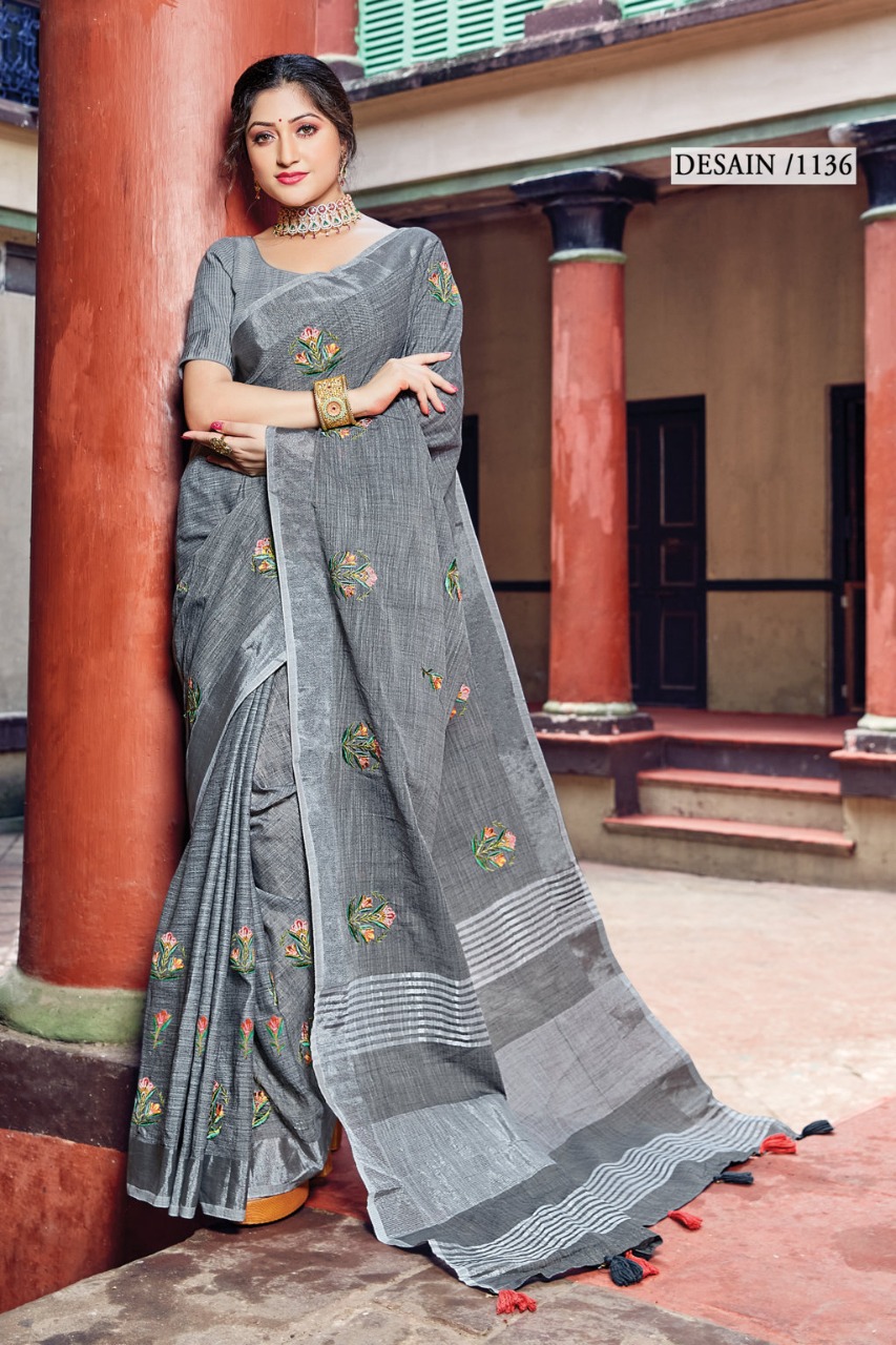 sangam print nayra linen catchy look saree catalog