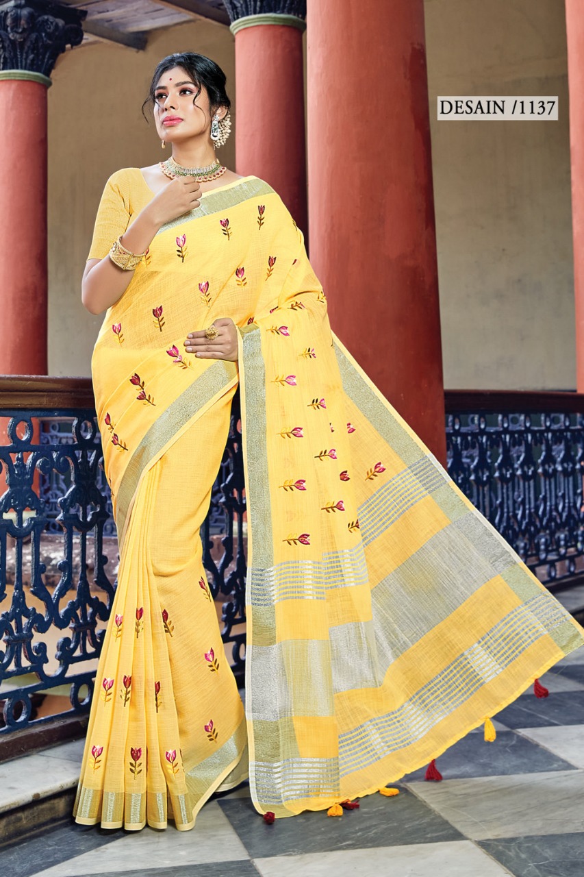 sangam print nayra linen catchy look saree catalog