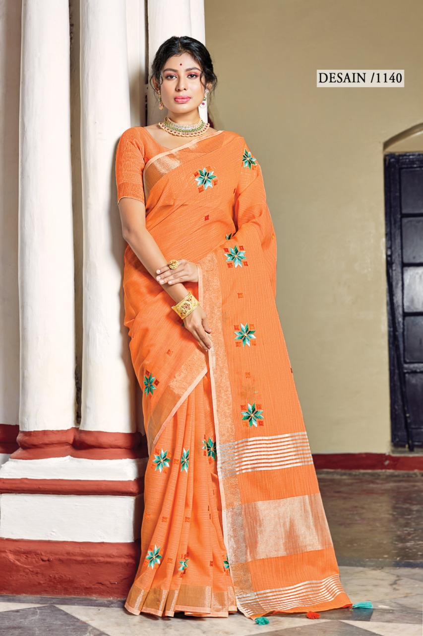 sangam print nayra linen catchy look saree catalog