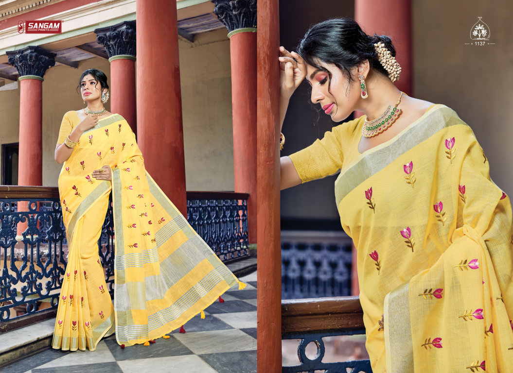 sangam print nayra linen catchy look saree catalog