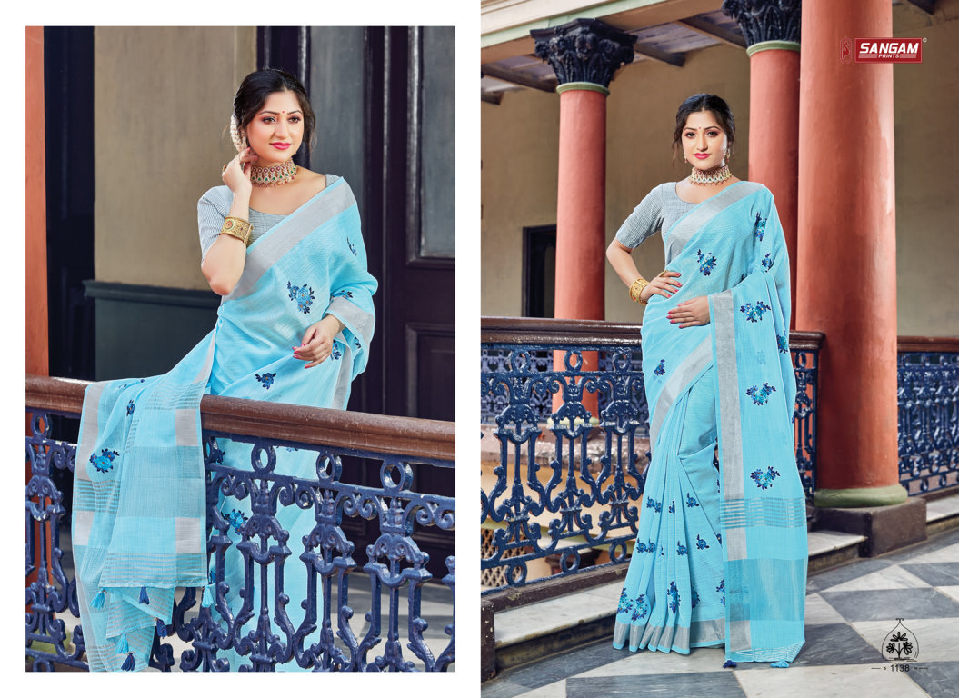 sangam print nayra linen catchy look saree catalog