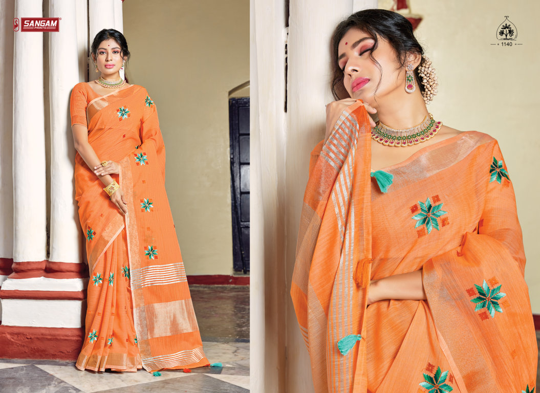 sangam print nayra linen catchy look saree catalog