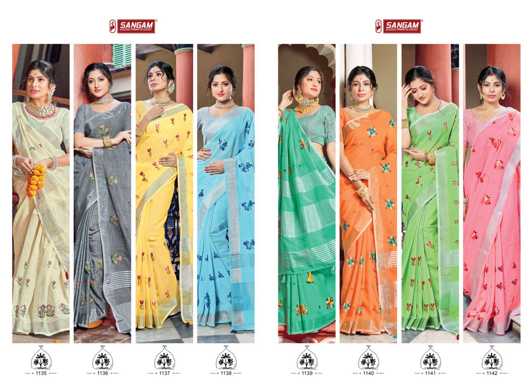 sangam print nayra linen catchy look saree catalog