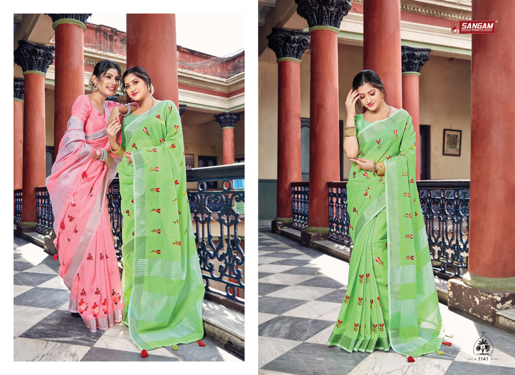 sangam print nayra linen catchy look saree catalog