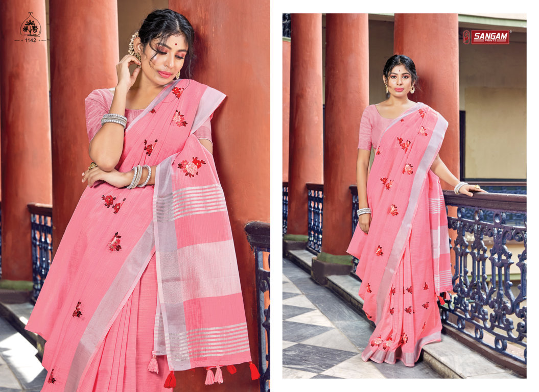 sangam print nayra linen catchy look saree catalog