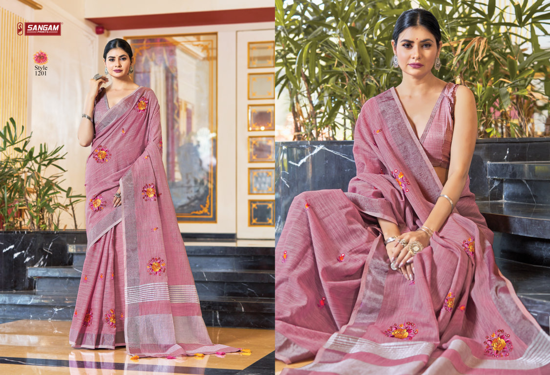 sangam print sarnaya linen elegant saree catalog