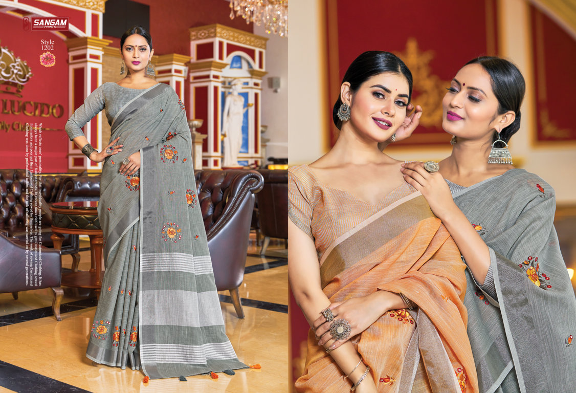 sangam print sarnaya linen elegant saree catalog