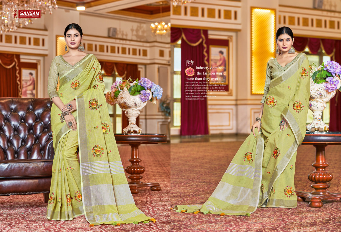 sangam print sarnaya linen elegant saree catalog