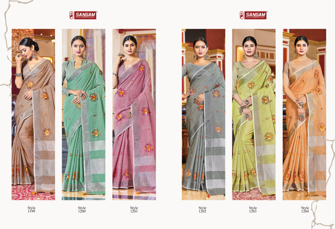 sangam print sarnaya linen elegant saree catalog