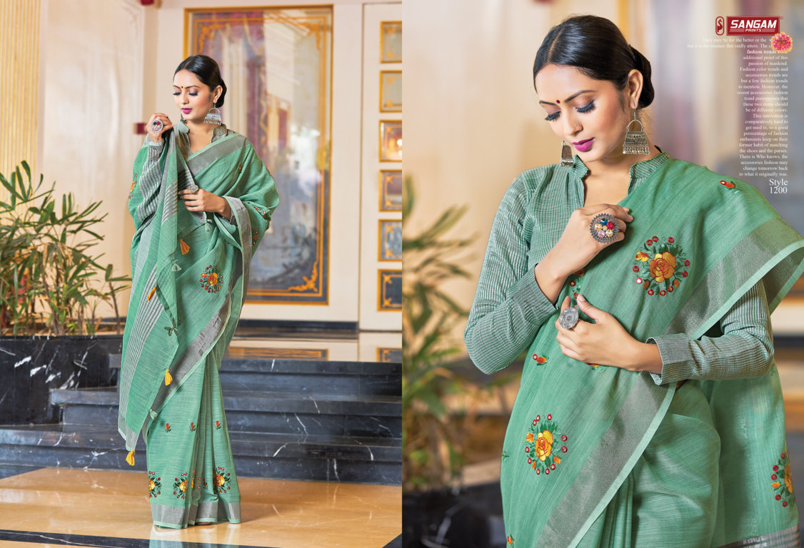 sangam print sarnaya linen elegant saree catalog