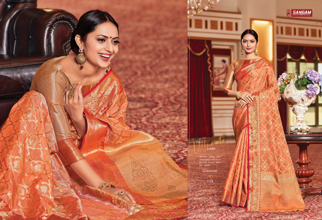 sangam print sazavat silk regal look saree catalog