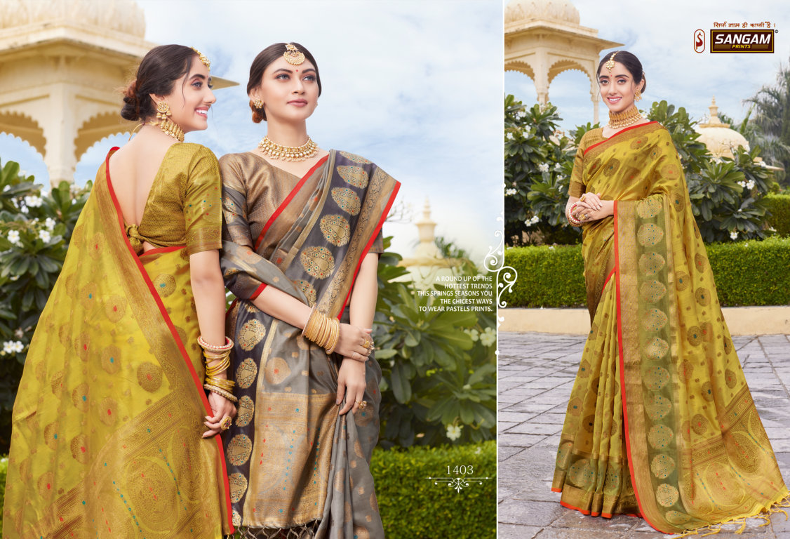 sangam prints bhavika organza regal look saree catalog