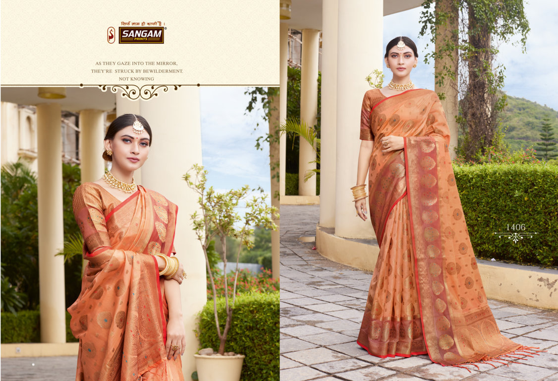 sangam prints bhavika organza regal look saree catalog