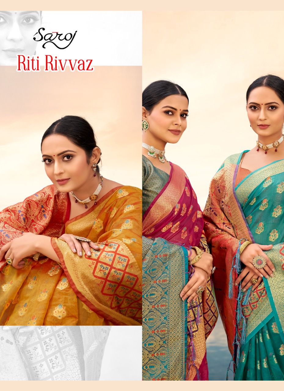 saroj riti rivvaz organza catchy look saree catalog