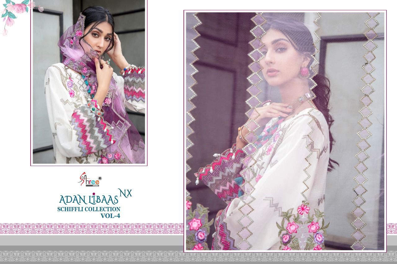 shree fab adan libaas schiffli collection vol 4 nx lawn cotton attrective print salwar suit singal