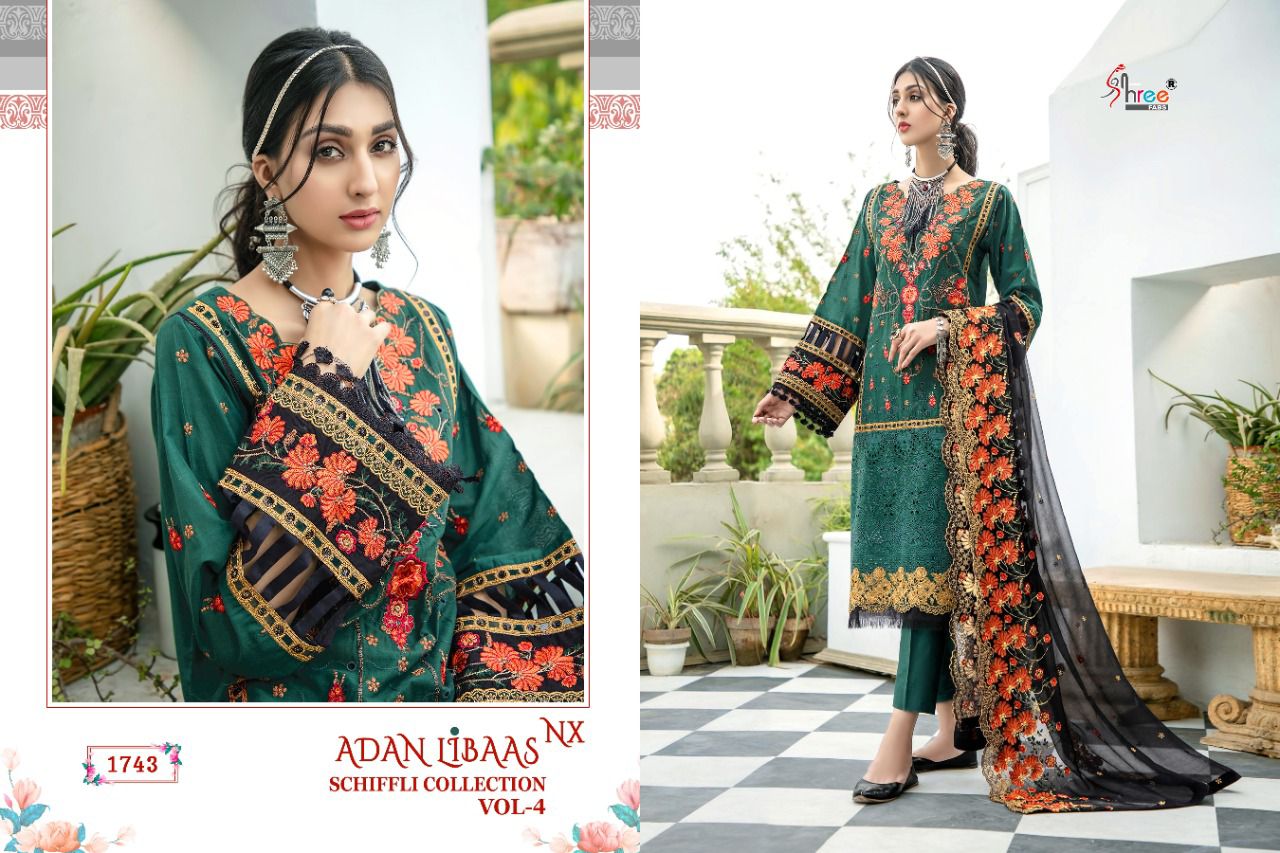 shree fab adan libaas schiffli collection vol 4 nx lawn cotton attrective print salwar suit singal