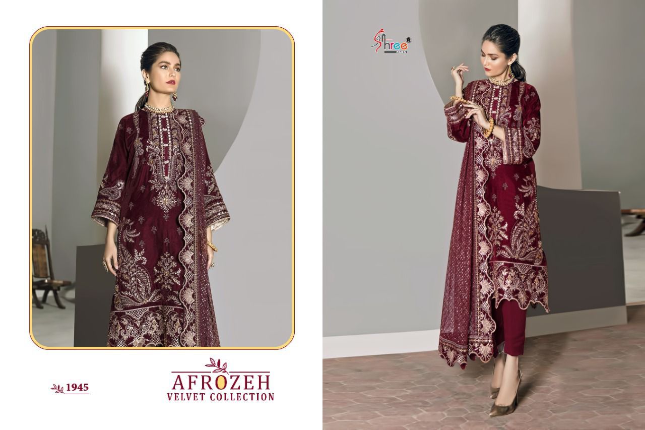 shree fab afrozeh velvet cottection velvet gordeous look salwar suit catalog