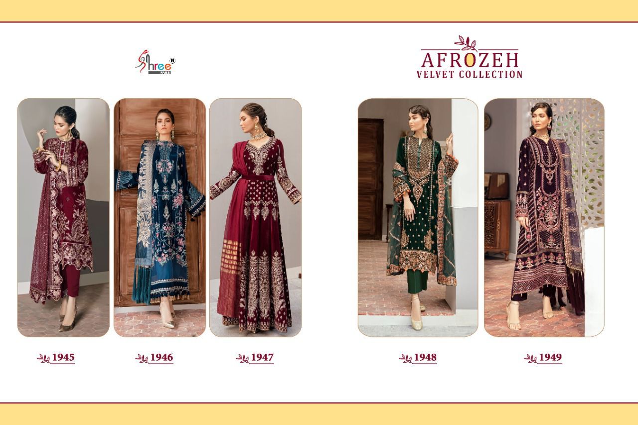 shree fab afrozeh velvet cottection velvet gordeous look salwar suit catalog