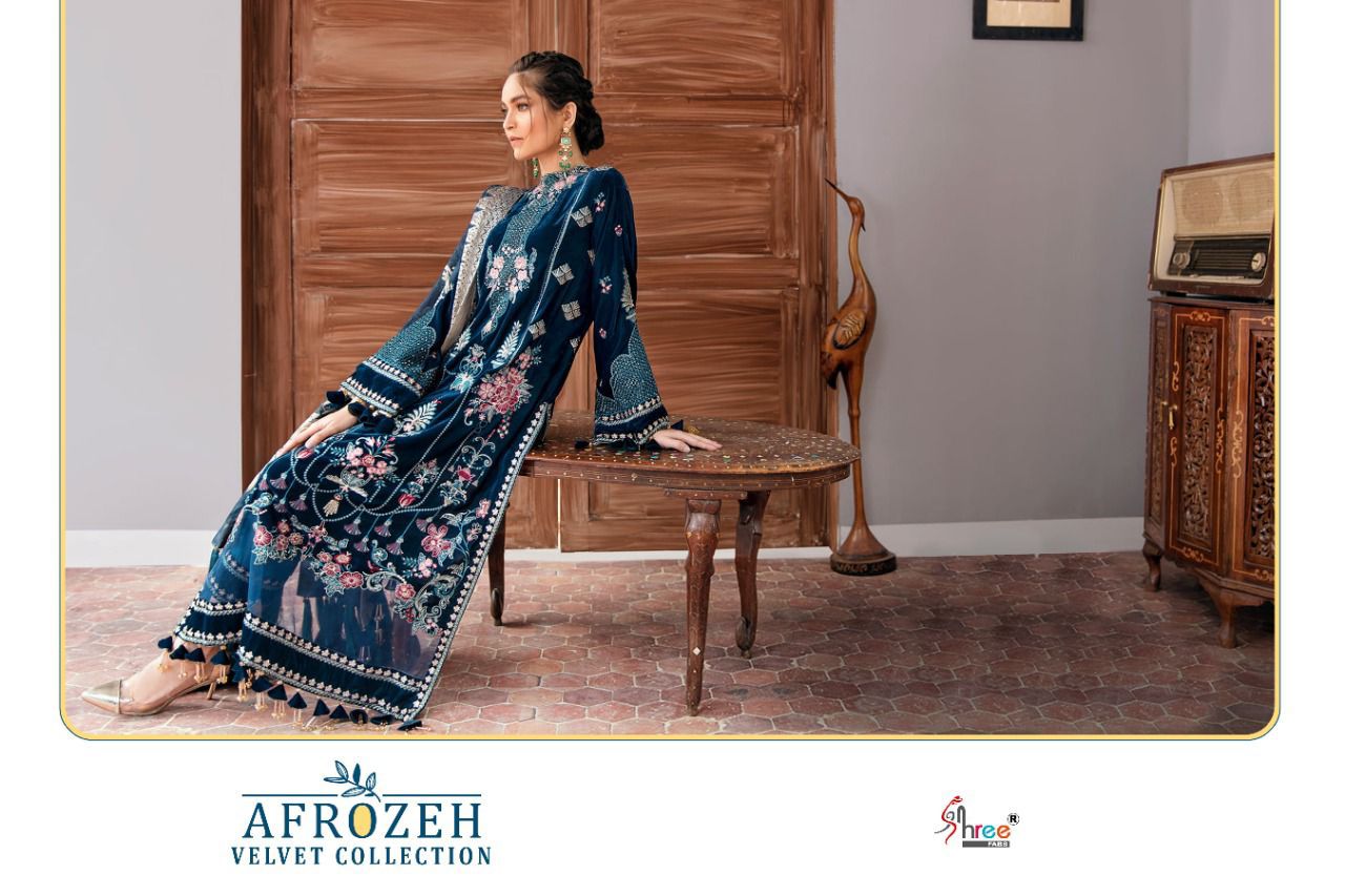 shree fab afrozeh velvet cottection velvet gordeous look salwar suit catalog