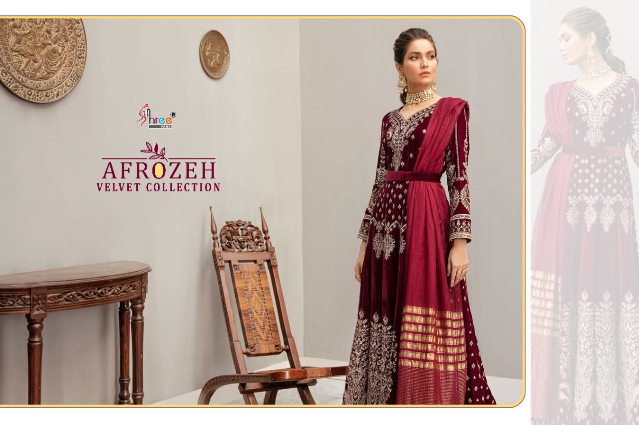 shree fab afrozeh velvet cottection velvet gordeous look salwar suit catalog