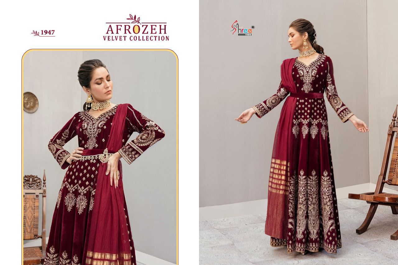 shree fab afrozeh velvet cottection velvet gordeous look salwar suit catalog