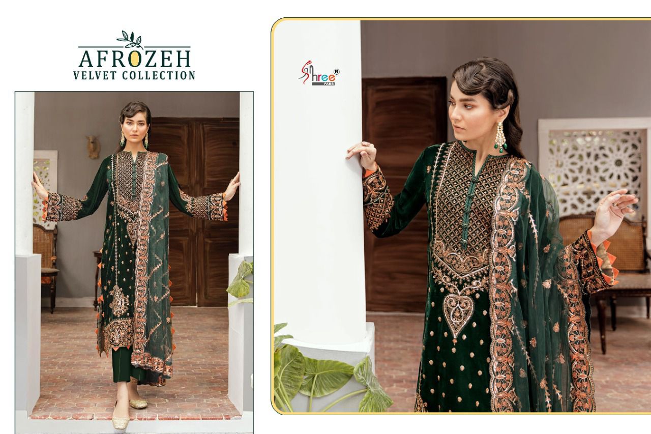 shree fab afrozeh velvet cottection velvet gordeous look salwar suit catalog