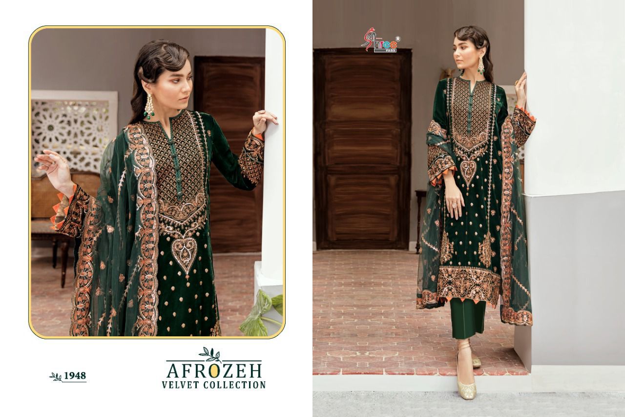 shree fab afrozeh velvet cottection velvet gordeous look salwar suit catalog