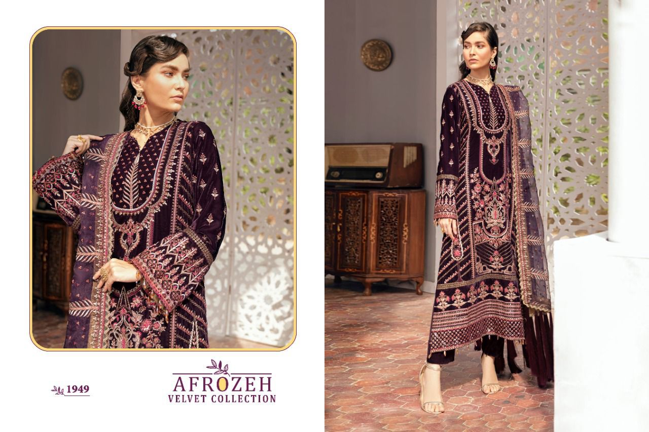 shree fab afrozeh velvet cottection velvet gordeous look salwar suit catalog