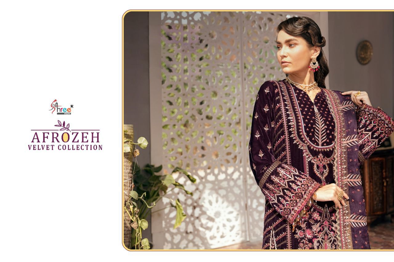 shree fab afrozeh velvet cottection velvet gordeous look salwar suit catalog