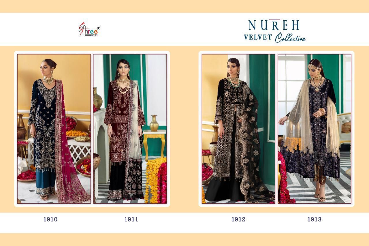 shree fab nureh velvet collection velvet graceful look salwar suit catalog