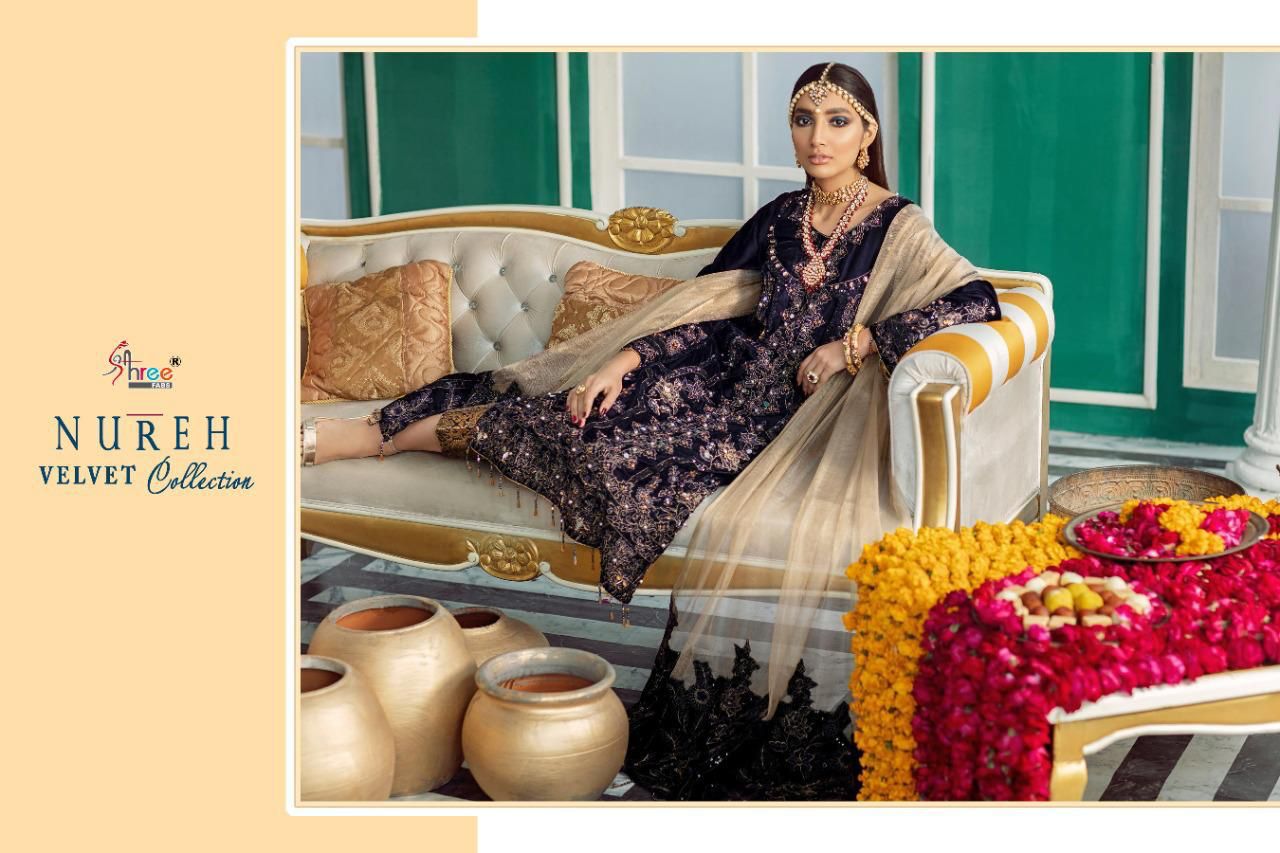 shree fab nureh velvet collection velvet graceful look salwar suit catalog