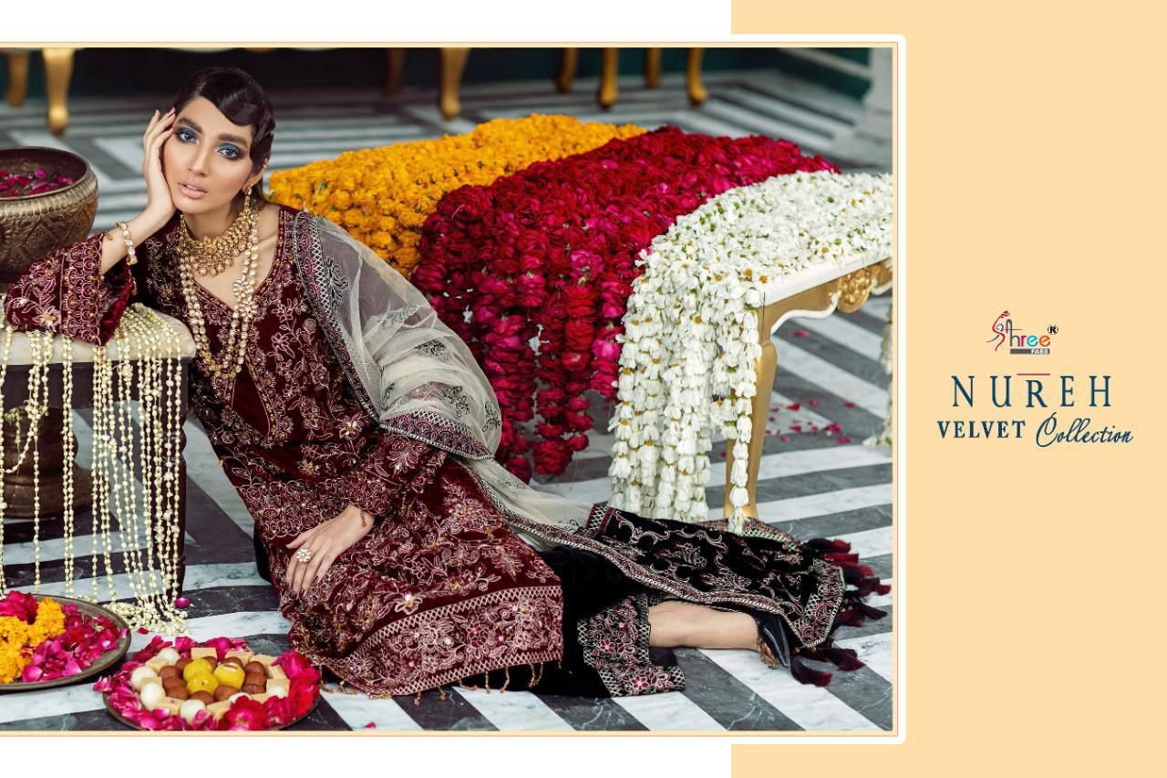 shree fab nureh velvet collection velvet graceful look salwar suit catalog