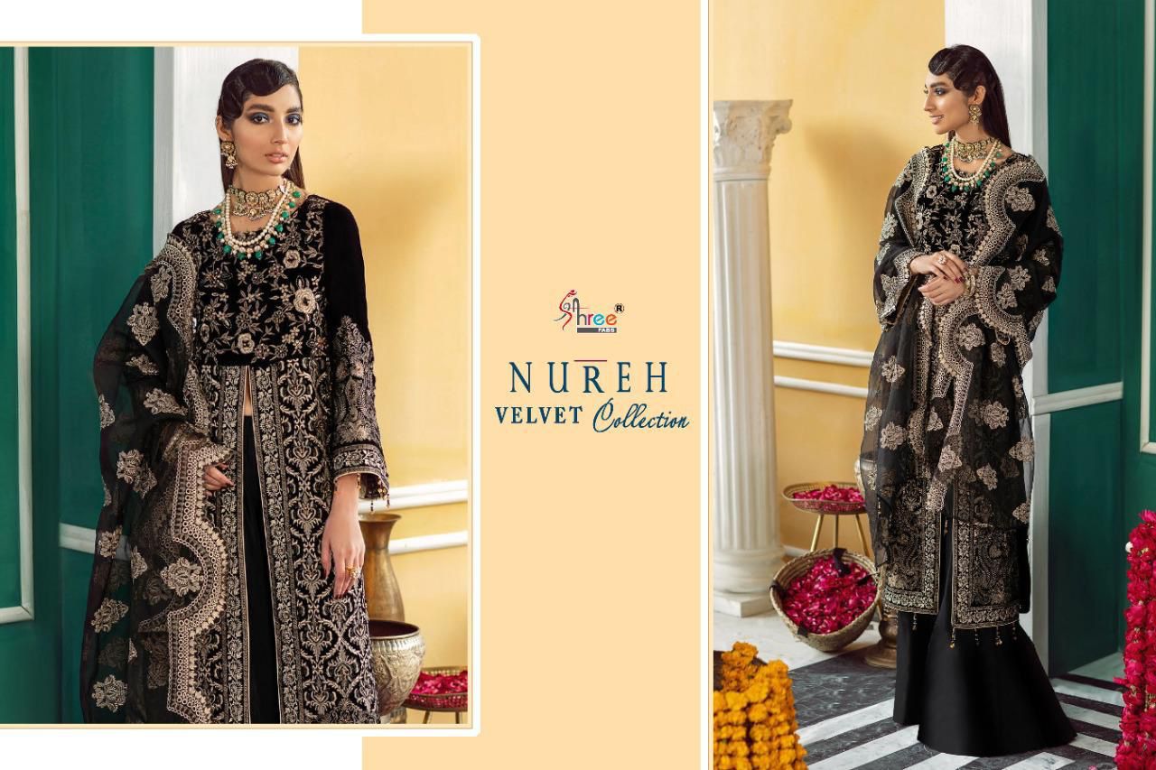 shree fab nureh velvet collection velvet graceful look salwar suit catalog