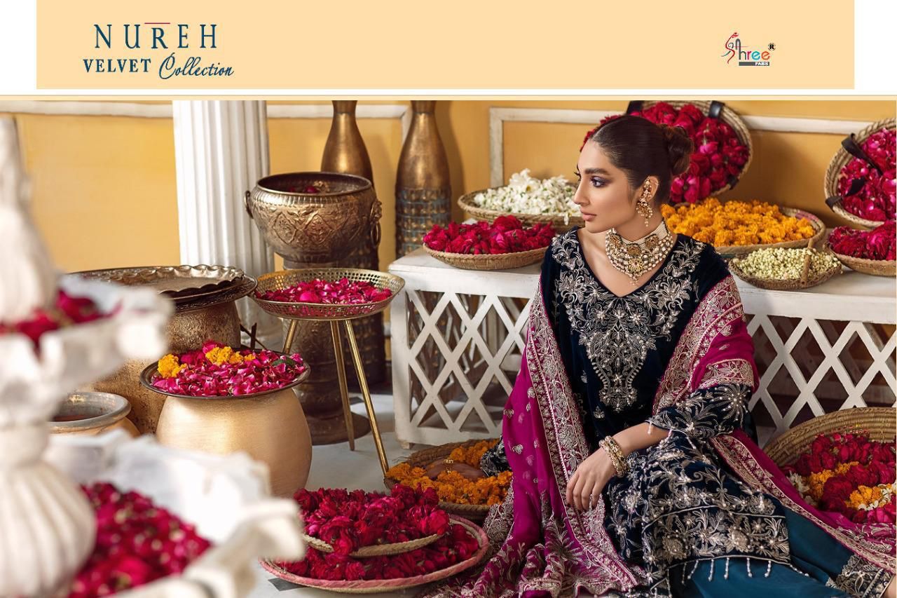 shree fab nureh velvet collection velvet graceful look salwar suit catalog