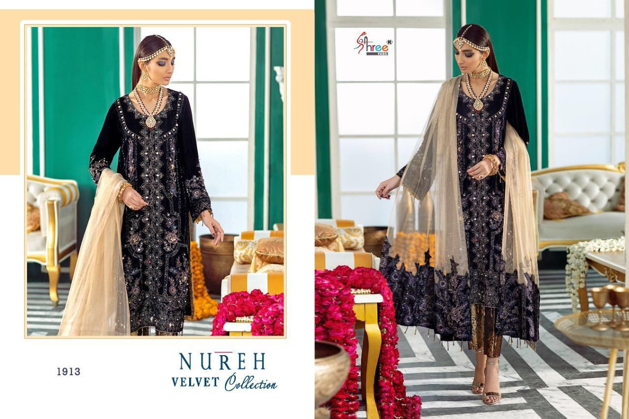 shree fab nureh velvet collection velvet graceful look salwar suit catalog