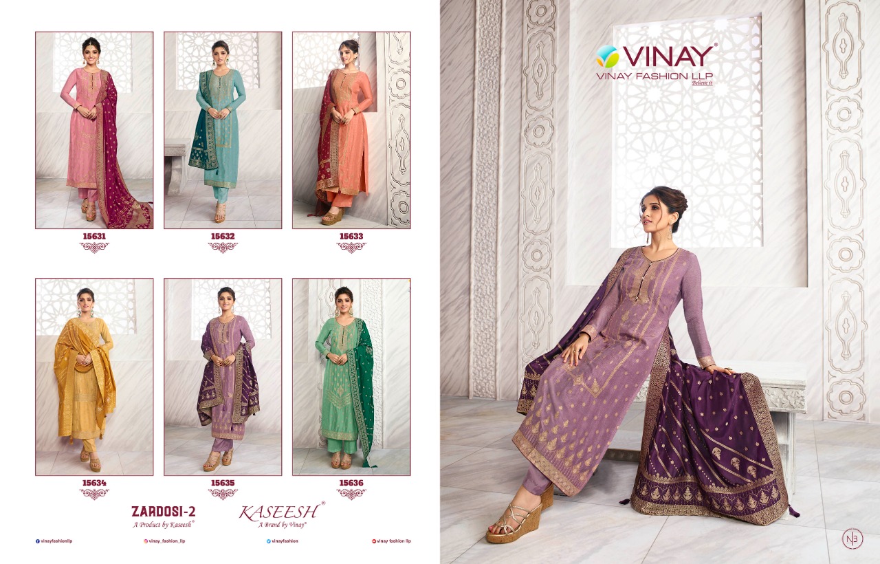 vinay fashion kaseesh zardosi 2 dola jaquard decent embroidary look salwar suit catalog