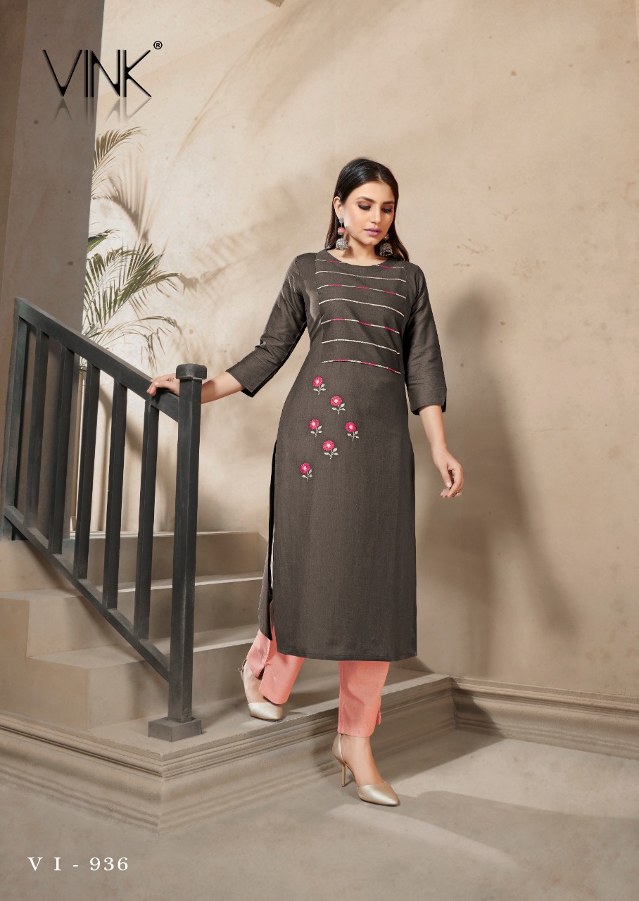 vink marigold 4 linen cotton handwork decent look kurti with plazzo catalog