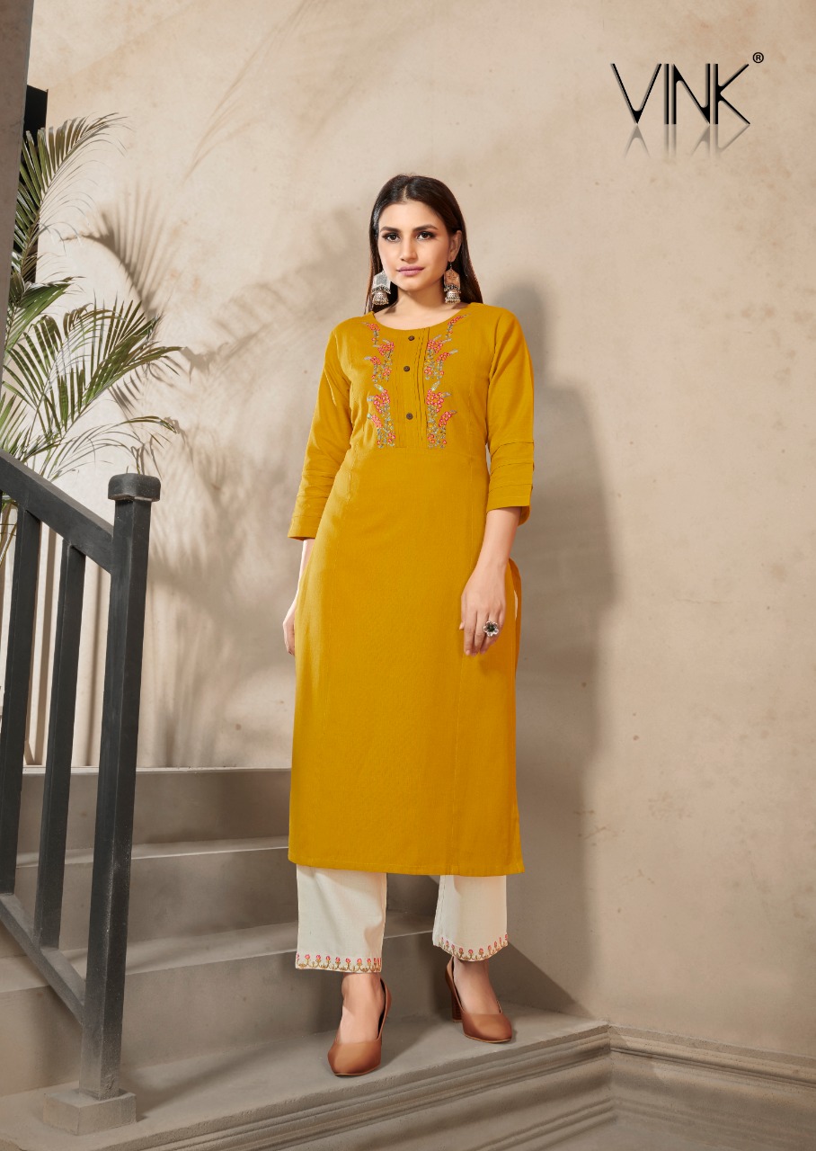 vink marigold 4 linen cotton handwork decent look kurti with plazzo catalog